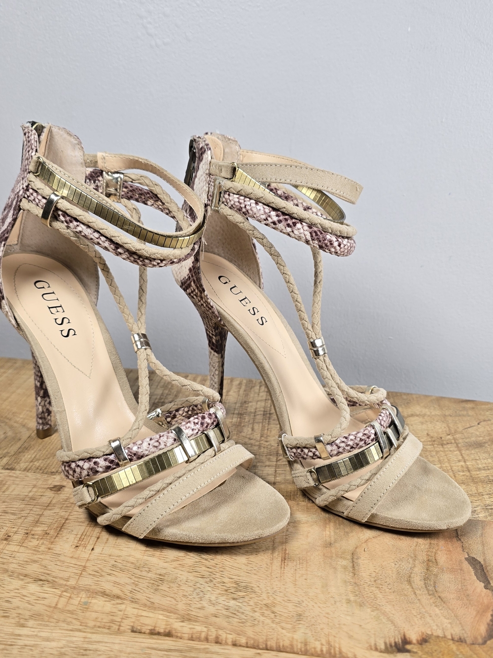 GUESS Women's Beige Strappy High Heel Sandals Sz 6M